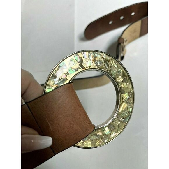Gail Labelle Genuine Leather Belt Size Large Brown Seashells Circle Boho Beach - Picture 1 of 12